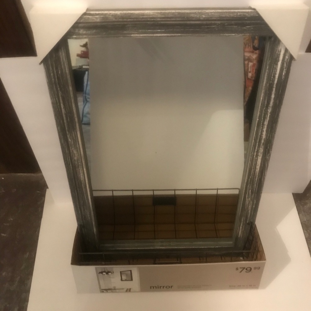 NWT distressed black wood frame basket mirror